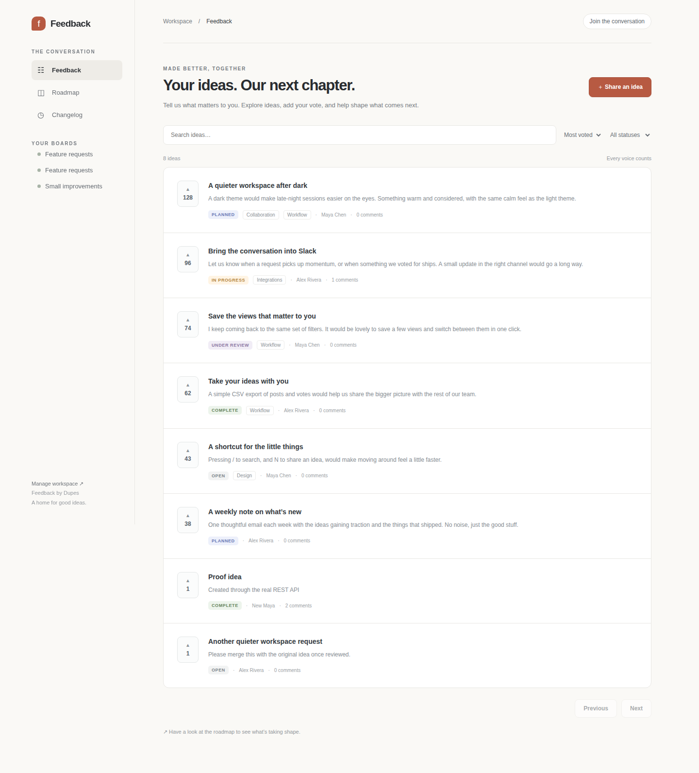 Feedback showing requests, votes and clear status labels